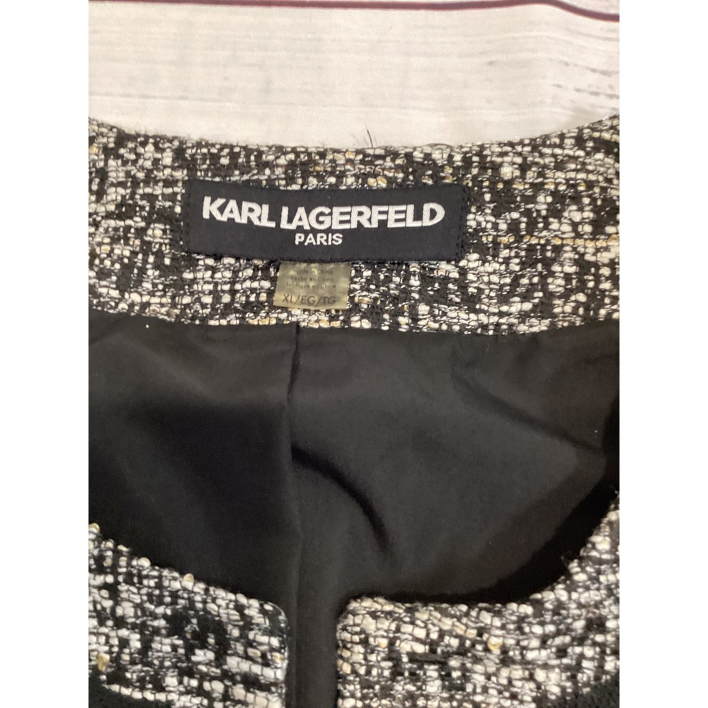 Karl‎ Lagerfeld Paris Black White Tweed Cropped Fringe Jacket XL Open Front - Picture 3 of 9